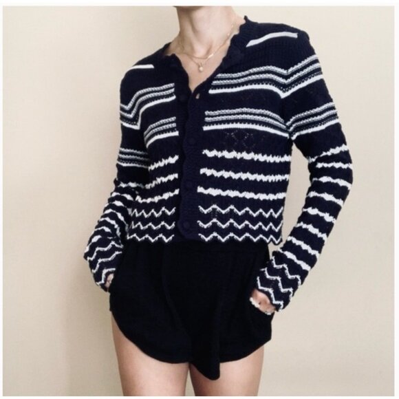 House Of Harlow 1960 Navy & White Cropped Knit Cardigan Sweater Button Front L - Picture 1 of 16